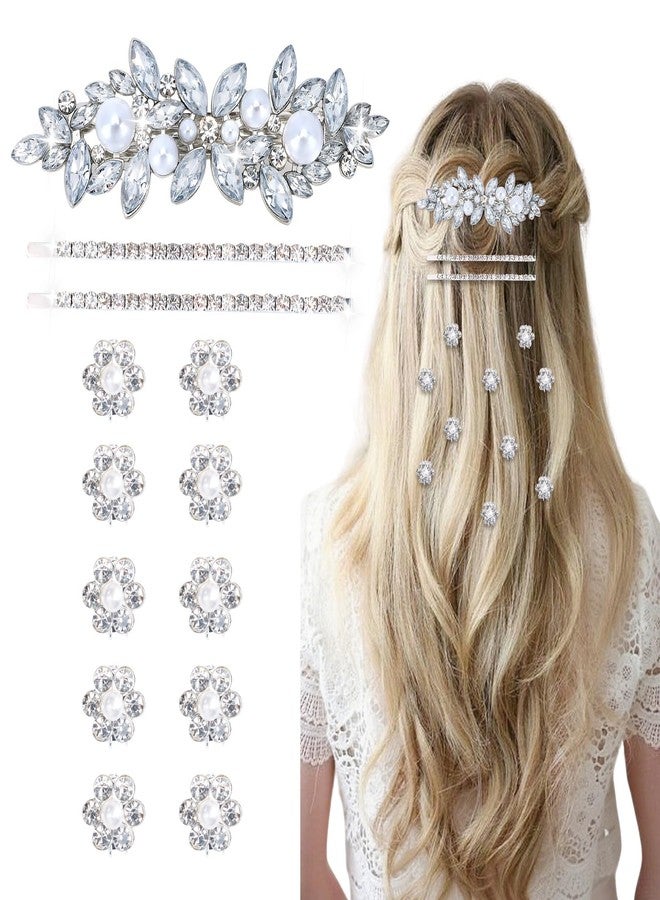 ANBALA 13 Pieces Rhinestone Hair Clips, Including10 Silver Mini Flower Hair Clips, 2 Pcs Crystal Bobby Pins, 1 Decorative Rhinestones Barrette with Pearls for Bride Women Flower Girls - Image 1